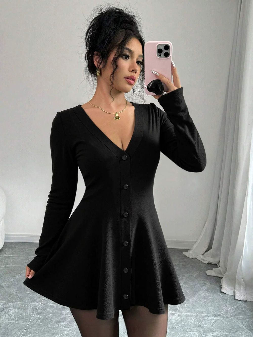 ZARA Spring Summer Knit Bubble Hem Tweed Collar Long Sleeve Solid Dress